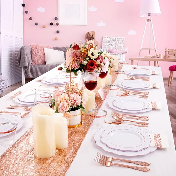 NOCCUR 175PCS Rose Gold Plastic Plates with Disposable Silverware - Include 25Dinner Plates, 25Dessert Plates, 25Forks, 25Knives, 25Spoons, 25Cups, 25Napkins for Party/Mother's Day