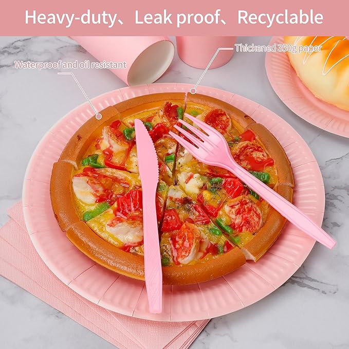 210pcs Pink Plates And Cups Disposable Tableware Party Supplies -Plastic Silverware, Paper Cups And Plates Serves 30 (Pink)