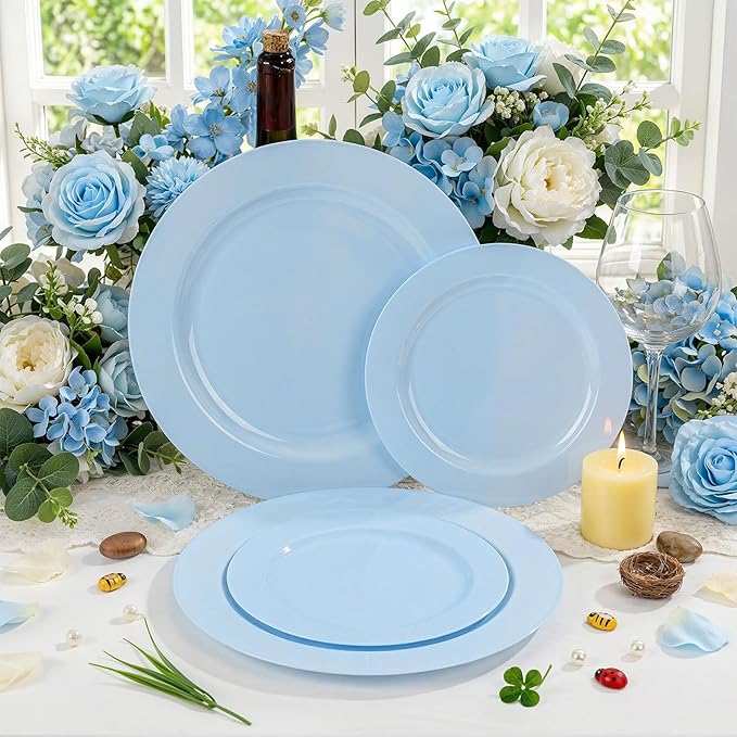FLOWERCAT 60PCS Light Blue Heavy Duty Plastic Disposable Party Plates Set – 30pcs 10.25″ Dinner & 30pcs 7.5″ Dessert Plates – Durable Blue Tableware for Easter Parties, Wedding, BBQ & Baby Shower