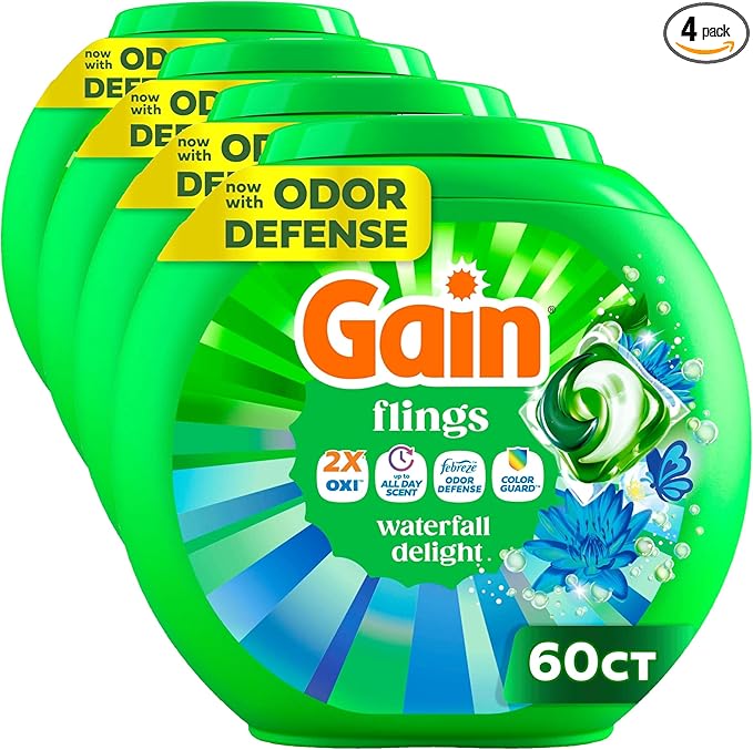 Gain Flings Liquid Washing Detergent Pacs, Now with Odor Defense + Color Guard, Waterfall Delight Scent, 4-In-1 Liquid Laundry Detergent Pods, clean & fresh, 60 Count (Pack of 4)