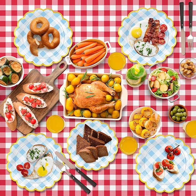 50 Pcs Blue and White Checkered Paper Plates, 25 Pcs 9" and 25 Pcs 7" Disposable Blue Gingham Scalloped Plates with Gold Foil for Graduation Wedding Baby Shower Birthday Party Picnic BBQ