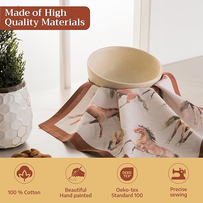 Maison d' Hermine 100% Cotton Cloth Napkins Set of 4 Everyday Reusable Square Napkins Cloth Washable Dinner Party Wedding Restaurant Hotel Kitchen Spring Summer (Free Horse, 18" x 18")