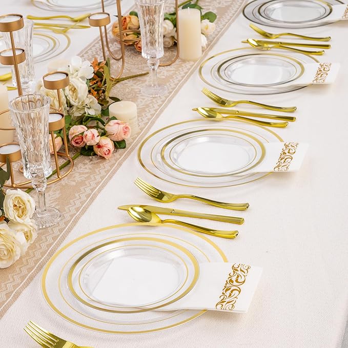 Goodluck 200PCS Clear Gold Plastic Plates, Heavy Duty Disposable Clear Plates with 100 10.25 inch Dinner Plates and 100 7.5 inch Dessert Plates for Party, Holiday, Wedding