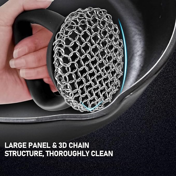 Cast Iron Scrubber 316L Chainmail Cleaner for Pans, Frying Pans & Grills, Ergonomic Handle &Large Panel for Cleaning Cast Iron