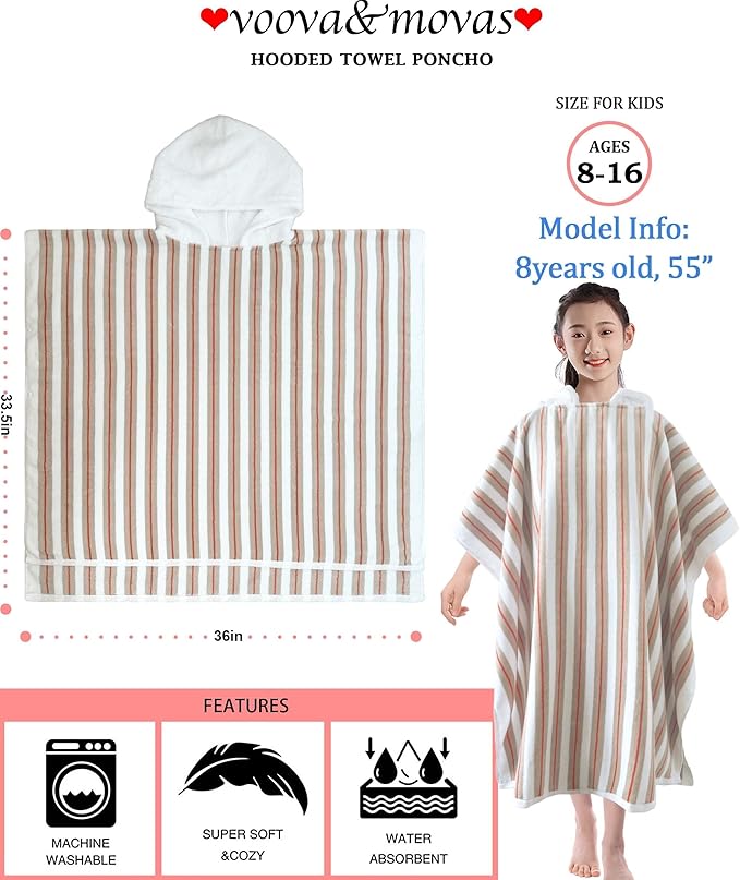 VOOVA & MOVAS Hooded Poncho Towel for Teens Unisex 100% Cotton Cozy Breathable Beach Camping Bath Cover Up Beige Red Stripe