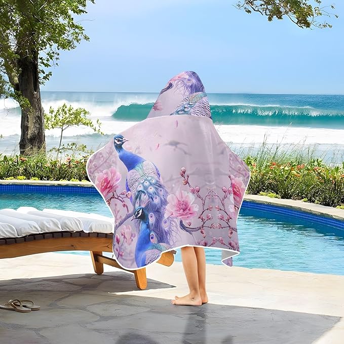 Hooded Towel for Kids A Pair of Pale Blue Peacocks Beach Wrap Bath Towels 50x23.5in