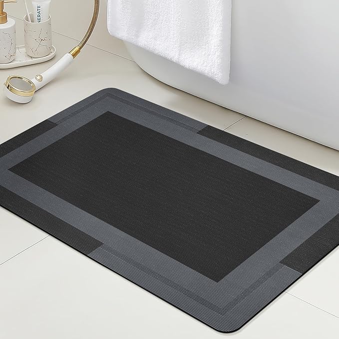 ACCUMTEK Non Slip Bath Mat, Thin Bathroom Rugs Fit Under Door, Quick Dry Bath Mats, Machine Washable Bath Rugs for Bathroom, Bathtub & Kitchen, Black/Bordered/24 x16
