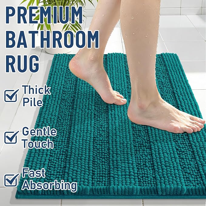 Grandaily Chenille Striped Bathroom Rugs 30x20, Extra Thick and Soft Absorbent Bath Mats, Rubber Backing, Plush Shaggy Shower Carpet, Machine Wash Dry, Bath Rug for Bathroom, Deep Lake