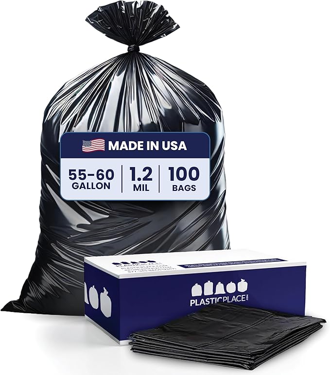 Plasticplace 55-60 Gallon Trash Bags, 1.2 Mil Heavy Duty Contractor Garbage Bags, Black Tear-Resistant Bags for Construction, Yard Waste, Industrial Use, Large 38” x 58” (100 Count)