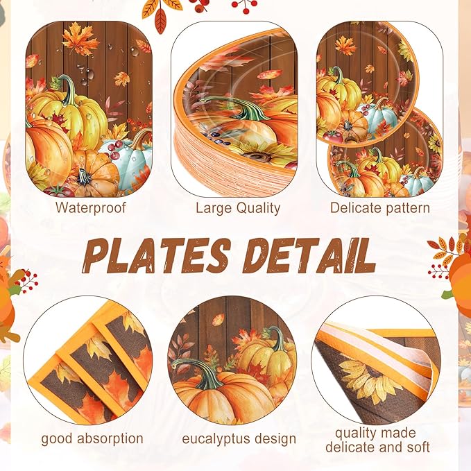Pickmesh 400 Pcs Thanksgiving Plates and Napkins Set, Fall Pumpkin Paper Plates and Cups with Plastic Cutlery, Pumpkin Maple Leaf Disposable Tableware for Autumn Harvest Party Supplies