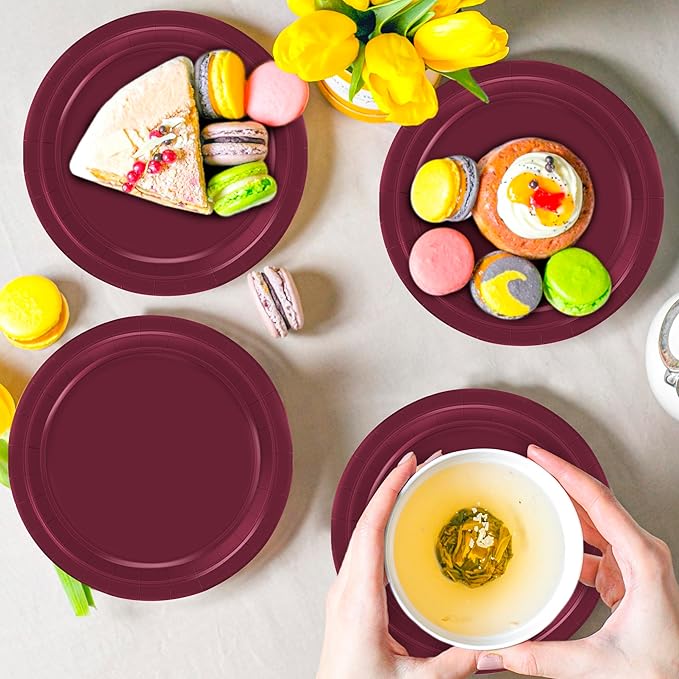 QZYL 50 Pieces Paper Plates, 7" Burgundy Bulk Dessert Plates, Disposable Plates Party Supplies, Round Small Paper Plates, Burgundy Party Decorations for Bridal Dinner Holiday Travel Valentines