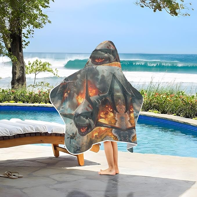 Hooded Towel for Kids Shark and War Fire Beach Wrap Bath Towels 50x23.5in