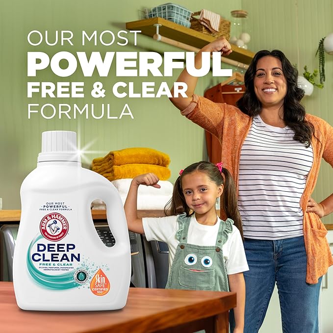 ARM & HAMMER Deep Clean Free & Clear Liquid Laundry Detergent, Free of Dyes, and Perfumes, Dermatologist Tested, 102 Fl Oz, 68 Loads