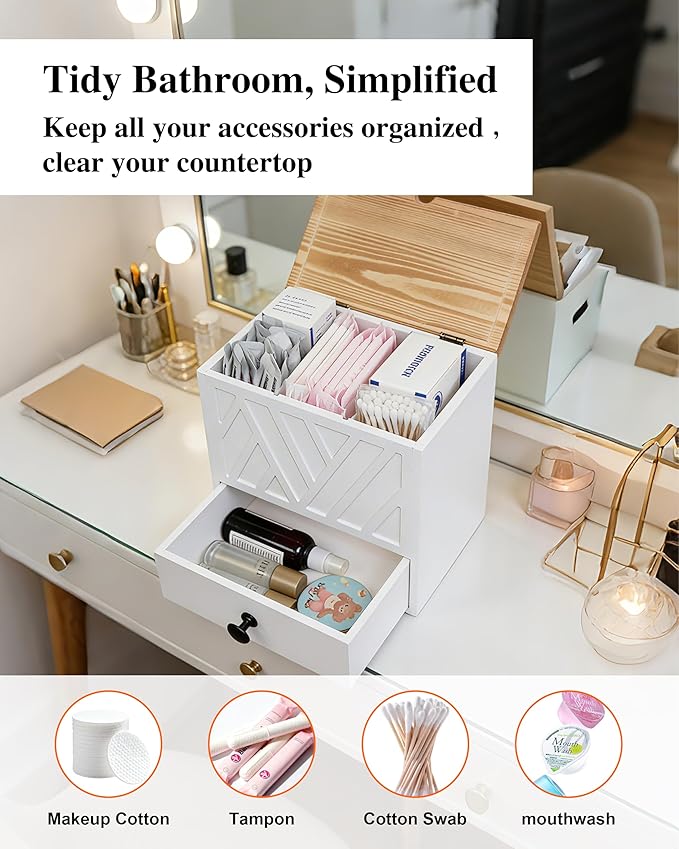 Tampon Holder for Bathroom Decor Feminine Product Organizer With Lid & Drawer Shark Week Box Girl Stuff (1, WHITE)