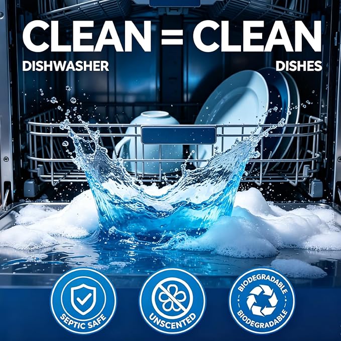Heavy Duty Dishwasher Cleaner & Deodorizer Tablets, Descaler, Deep Cleaning, Natural Odor & Smell Remover, Calcium, Limescale, Hard Water Marks, Grease, Septic Safe Pods (12 Tabs 1 Yr Supply)