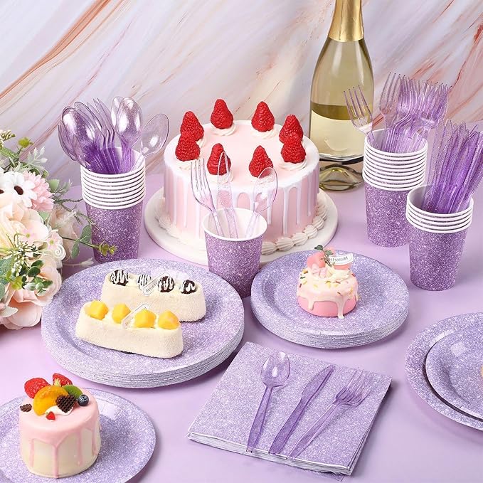 Hushee 175 Pcs Pastel Purple Holographic Print Party Supplies Guests Disposable Dinnerware Set Include Paper Plates, Napkins, Cups, Plastic Cutlery for Wedding Birthday Disco Bachelorette