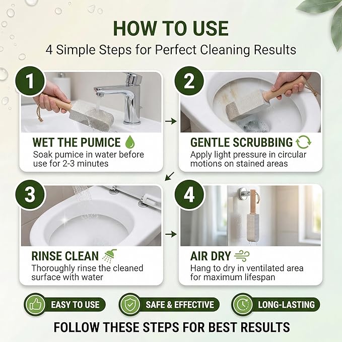 2-in-1 Natural Pumice Stone: Foot File & Multi-Surface Cleaner for Toilet, Tile, Bathroom – Removes Hard Water Rings, Rust, Calluses – Hygienic No-Touch Use, Non-Scratch, Shapeable – 2 Pack