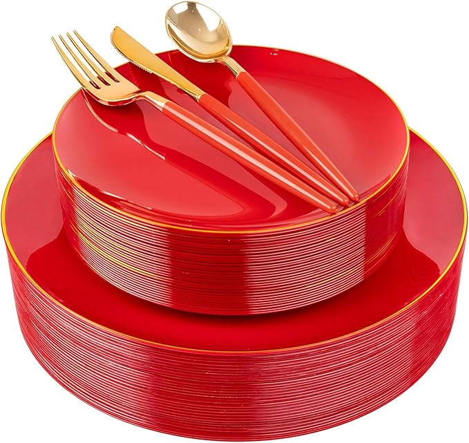 DaYammi 150Pcs Red Plastic Plates with Gold Rim,Fancy Disposable Dinnerware Set with Red Handle Gold Cutlery, Includes 30 Dinner Plate,30 Dessert Plate,30 Knives,30 Forks,30 Spoons for Party Wedding