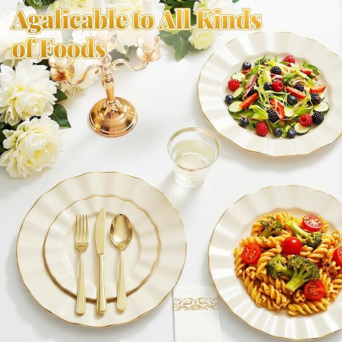 175 Piece Plastic Dinnerware Set Disposable Dinnerware Set for 25 Guests Include 50 Plastic Plates 25 Silverware Set 25 Cups and 25 Napkins for Party Wedding Birthday（White and Gold）