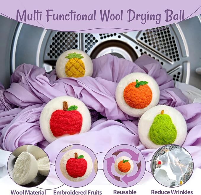 Wool Dryer Balls XL 6 Pack, Reusable Laundry Dryer Balls with Cute Fruit Design, Reduce Drying Time, Soften Clothes, Anti Static, Eco Friendly Dryer Sheets Alternative