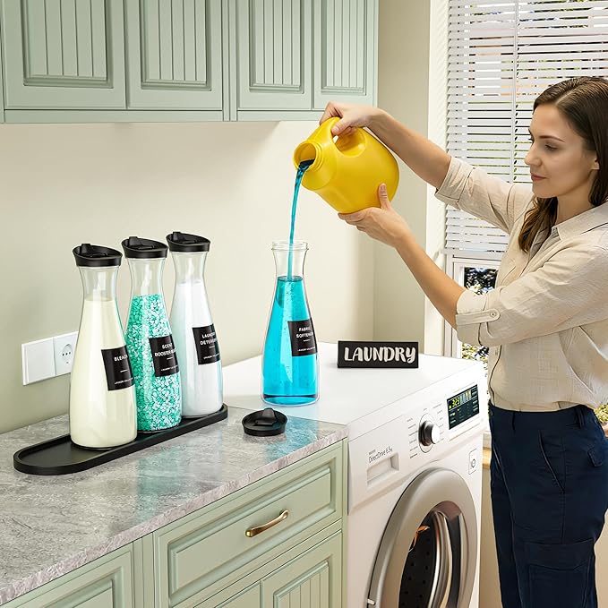 Galasily 4 Pack Laundry Detergent Dispenser Container, 54OZ Liquid Laundry Soap Dispenser with 12 Labels, Black Laundry Room Organization for Powder, and Fabric Softener
