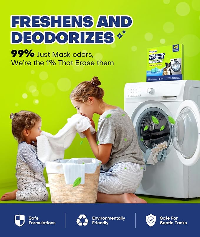 2X Power Deep Cleaning Washing Machine Cleaner Tablets, No More Odor & Pet Fur Enzyme Washing Machine Cleaning Tablets, Washer Cleaner For HE Top Front Load, Septic Safe, 24 Counts/1 Year Supply