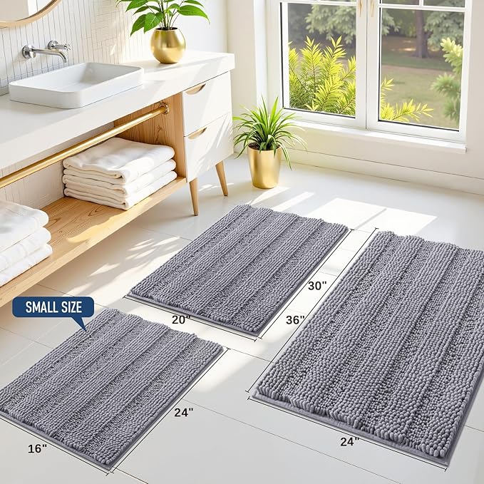 Grandaily Chenille Striped Bathroom Rugs 47x20, Extra Thick and Soft Absorbent Bath Mats, Rubber Backing, Plush Shaggy Shower Carpet, Machine Wash Dry, Bath Rug for Bathroom, Grey