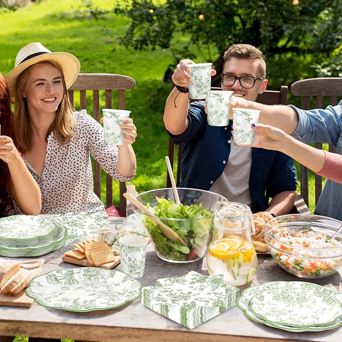 Kochorie 144 Pieces Sage Green Floral Paper Plates and Napkins Party Supplies Sage Green and White Flower Tableware Set Include Vintage Scalloped Plate Napkin Cups Forks for Wedding Birthday Tea Party