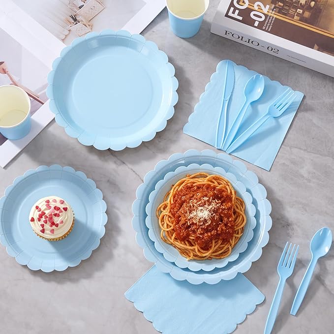 Fijinhom Light Blue Paper Plates Set, 350 PCS Party Supplies, Disposable Dinnerware Set for 50 Guests, Light Blue Paper Plates Napkins Cups Blue Plastic Forks Knives Spoons for Wedding Festivals