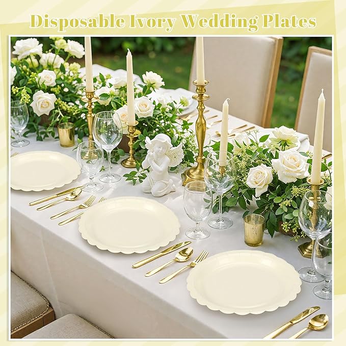 NatNarr 30 Pcs Ivory Paper Plates 9 Inch Disposable Scalloped Cream Plates Cute Beige Dessert Cake Plate Party Dinner Plate for Baby Shower, Wedding, Bridal Shower