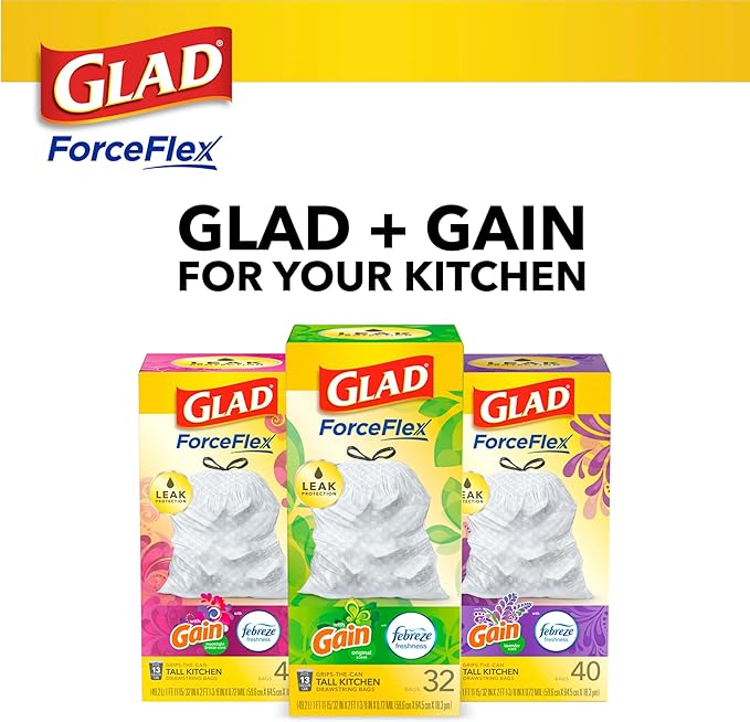 Glad ForceFlex Trash Bags 13 Gallon Gain Lemon Zest | Tall Kitchen | Drawstring | Dual Layer Protection | 40 Count, Pack of 6