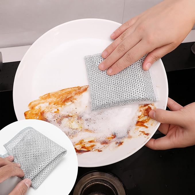 10PCS Steel Wool Dish Cloth 2-Layer – Reusable Metal Non-Scratch Multipurpose Dishwashing Rags for Wet & Dry Cleaning, Durable Diamond Weave Scrubber Pads for Kitchen Sinks Pots Pans Stove Top