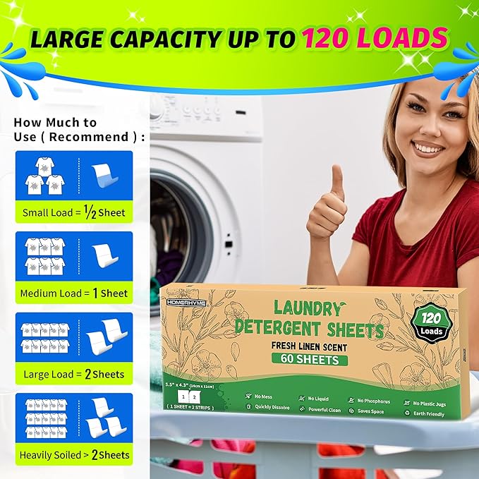 Laundry Detergent Sheets - Fresh Linen 120 Loads Laundry Sheets Detergent, Bulk Travel Laundry Detergent Eco Friendly & Hypoallergenic Natural Detergent Sheets Strips Laundry Soap Sheets