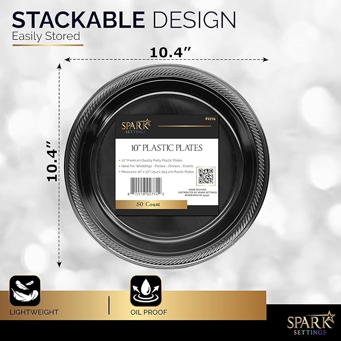 Amcrate Disposable Plastic Dinner Plates, Black, 10.4 Inches, Strong & Sturdy for Party, Dinner, Holiday, Picnic, Travel - Pack of 50