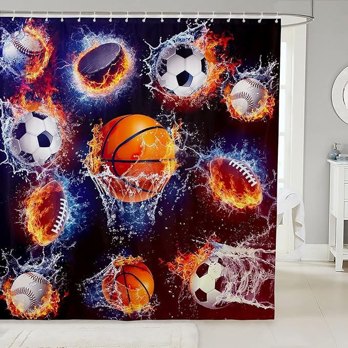 Basketball Fabric Shower Curtains Football Baseball Rugby Shower Curtain for Kids Boys Girls Sports Bathroom Waterproof Accessories with 12 Hooks Various Ball White And Flame Decor,72x72 Inches