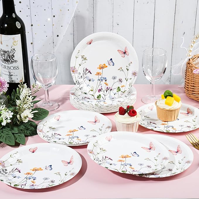 AimFun 24 Pcs Wildflower Paper Plates 9 Inch Disposable Floral Plates Spring Summer Watercolor Rustic Botanical Dinner Plates for Baby Shower Birthday Bridal Shower Wedding Tea Party