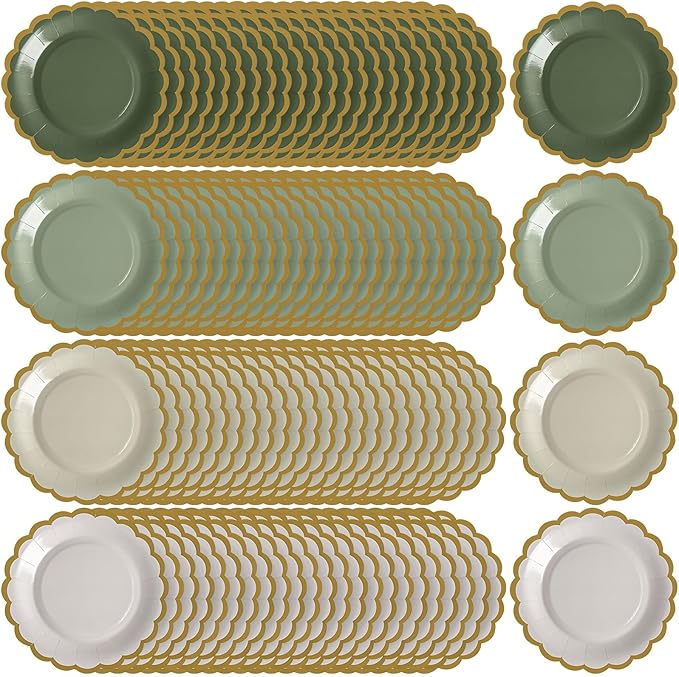96 Pcs Gradient Sage Green Paper Plates 7 Inch Scalloped Disposable Dessert Plate for Coquette Bridal Pink Bow Wedding Birthday Baby Shower Party Supplies
