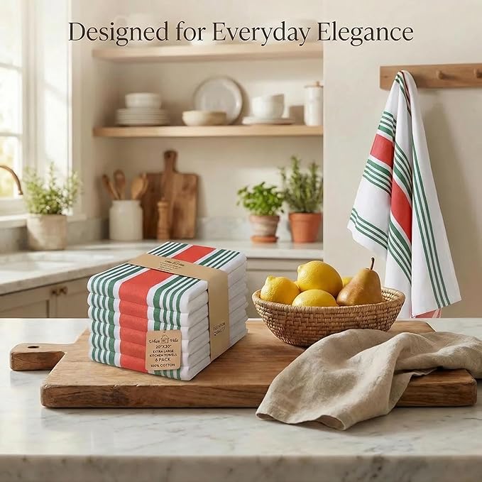 Urban Villa Kitchen Towels 100% Cotton Dish Towels for Kitchen (Set of 6) 20”x30” Dish Cloths Highly Absorbent Kitchen Linen Set with Hanging Loop Perfect for Drying Dishes Cleaning Towels- Christmas