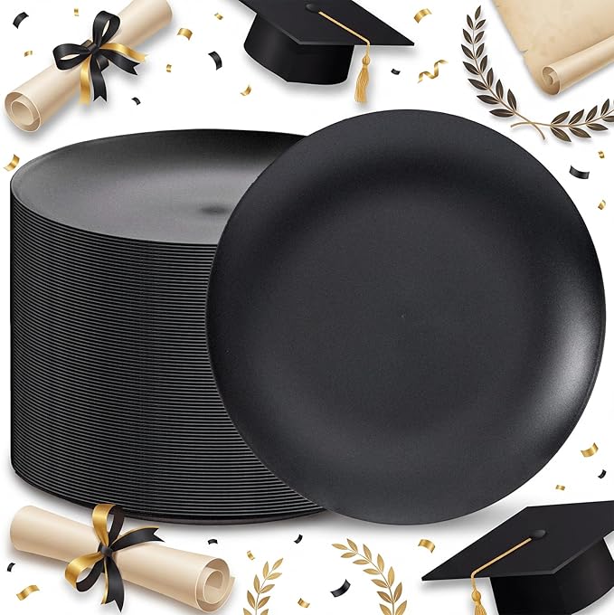 EI enjonirinjonir 80pcs Black Plastic Plates Disposable for Dinner,10.25inch Party Plates Disposable Heavy Duty,Elegant Matte Plastic Plate Frosted is Ideal for Wedding/Birthday/Graduation Decorations