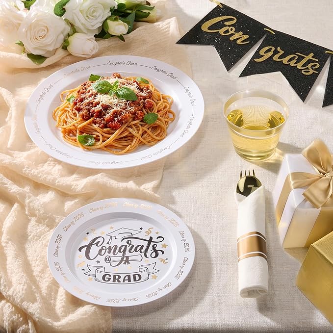 Goodluck 350 Piece Graduation Gold Plastic Dinnerware Set for 50 Guests, Congrats Grad Disposable Plates Include: 50 Dinner Plates, 50 Dessert Plates, 50 Cups, 50 Pre Rolled Napkins with Silverware