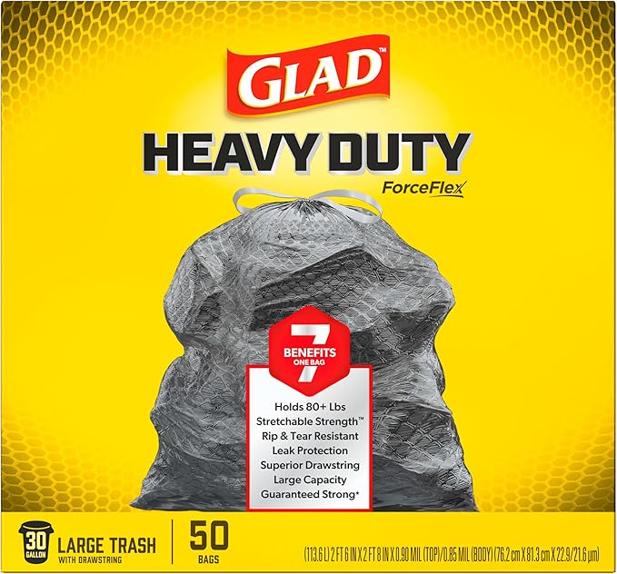 Glad Large 30 Gallon Trash Bags,Unscented Heavy Duty Garbage Bags,Forceflex with Drawstring,(Packaging May Vary), 50 Count (Pack of 150)