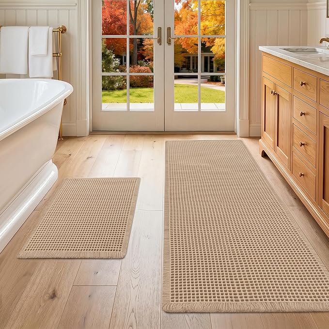 DWCN Set of 2 Waffle Boho Bathroom Mats, Non Slip Bath Rug Set for Bathroom Floor, Super Absorbent Shower Mats for Tub, Washable Kitchen Rugs for Farmhouse Home Decor, 16" x 24" Plus 24" x 60", Brown