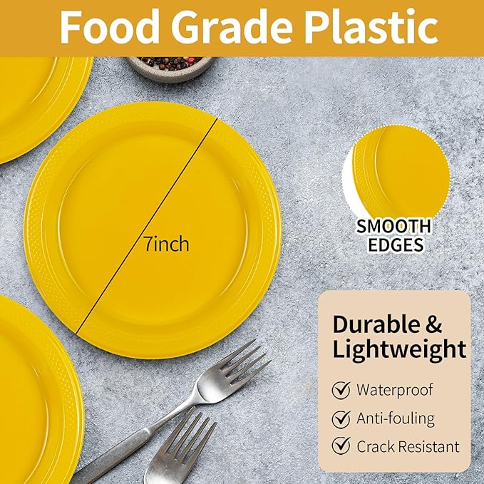 50Pcs Yellow Plastic Plates - 7 Inch Disposable Party Plates Cake Plates, Plastic Dessert Plates for Picnic Birthday Wedding Party Supplies (Yellow, 7 Inch)