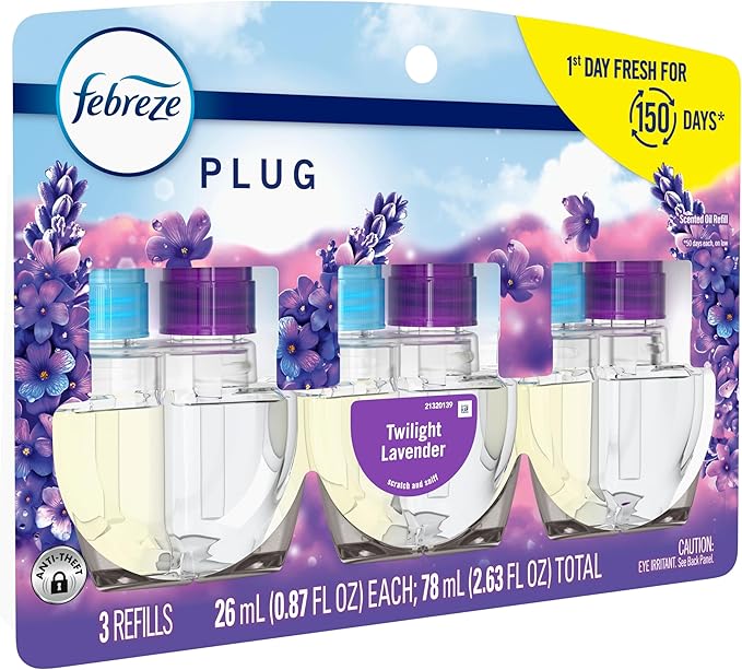 Febreze Plug In Air Freshener, Odor-Fighting Scented Oil Refill, Air Fresheners for Home and Bathroom and Kitchen, Long Lasting for Strong Odors, Twilight Lavender Scent, 0.87oz Refills, 3 Count