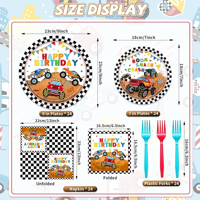 96 Pieces Monster Truck Plates and Napkins Birthday Party Supplies, Black and White Checked Monster Car Disposable Tableware with Paper Plates Napkins and Forks for Birthday Party Decor - Serves 24