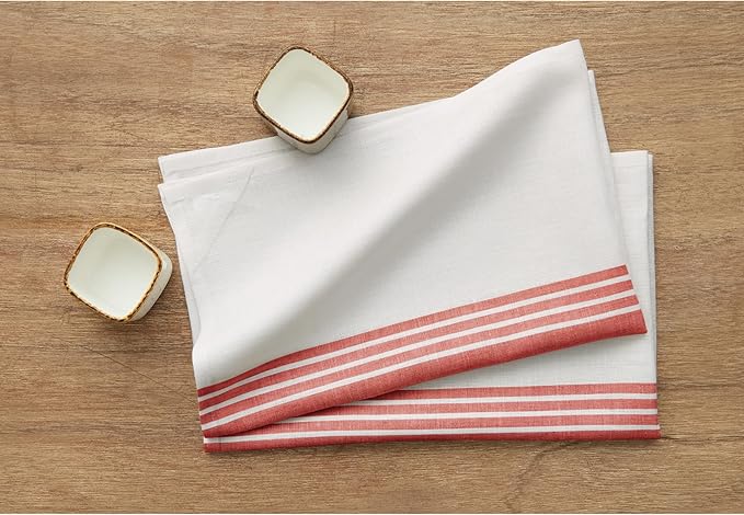 Solino Home Red and White Linen Kitchen Towels Set of 2-100% Pure Linen 17 x 26 Inch Farmhouse Tea Towels with Hanging Loop - European Flax Kitchen Dish Cloth - Quick Dry & Machine Washable