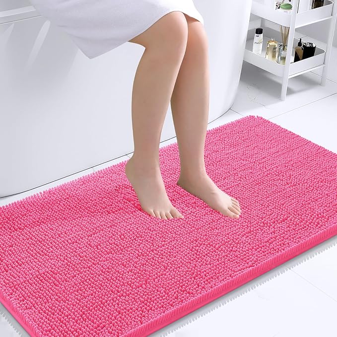 OLANLY Bathroom Runner Rugs 44x24, Soft Absorbent Chenille Bath Rugs, Rubber Backing Quick Dry, Machine Washable Long Bath Mats for Bathroom Floor, Tub and Shower, Home Decor Accessories, Hot Pink