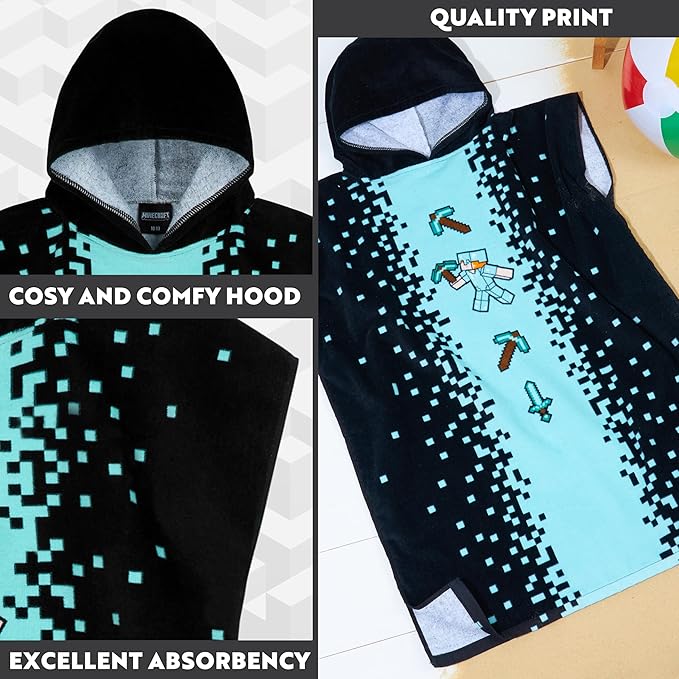 Minecraft Towelling Poncho Kids Teens Hooded Bath Towels Absorbent Beach Towel (Black/Blue, 10-13 Years)