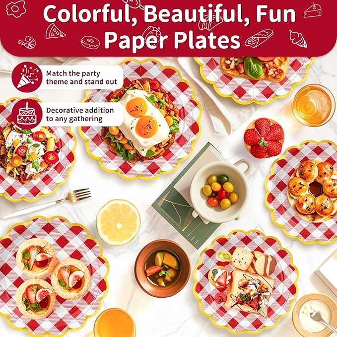 50 Pcs Red and White Checkered Paper Plates, 25 Pcs 9" and 25 Pcs 7" Disposable Christmas New Years Scalloped Plates with Gold Foil for Graduation Wedding Baby Shower Birthday Party Picnic BBQ