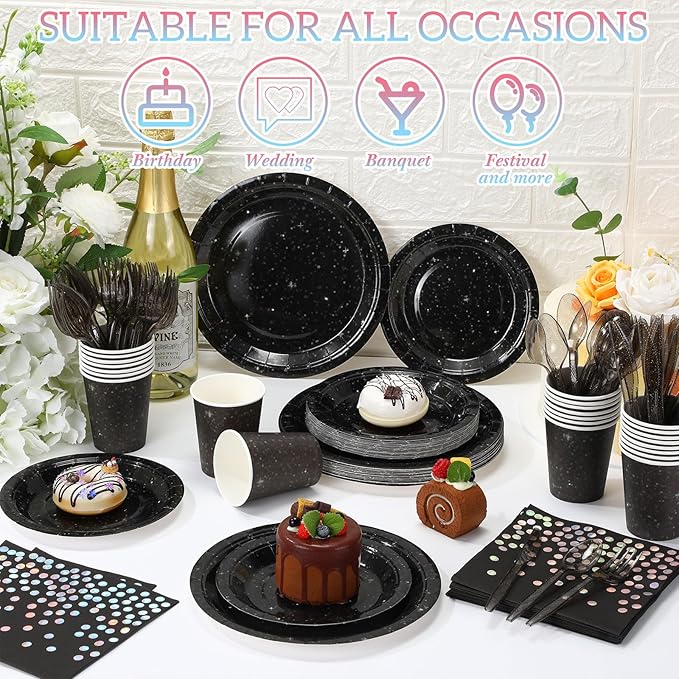 Hushee 175 Pcs Black Holographic Print Party Supplies Guests Disposable Dinnerware Set Include Paper Plates, Napkins, Cups, Plastic Cutlery for Wedding Birthday Disco Bachelorette